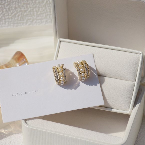 NEW 14K Gold Plated Diamond Pearl Open Hoops - Picture 7 of 8